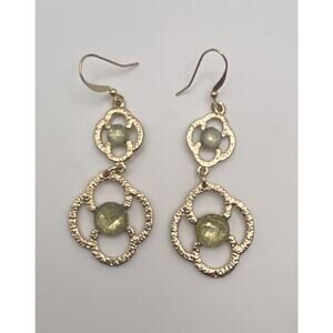 Textured Light Gold Tone Green Stone Open Work Dangle Drop Earrings